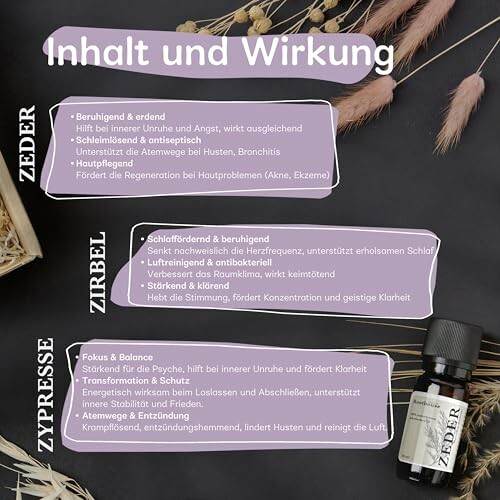 Tabelle mit den Wirkungen von Zeder, Zirbel und Zypresse Ölen.