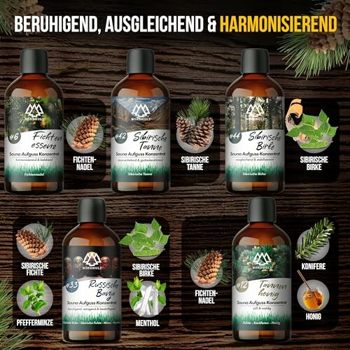 Flaschen mit ätherischen Ölen, Tannenzapfen und Blätter.