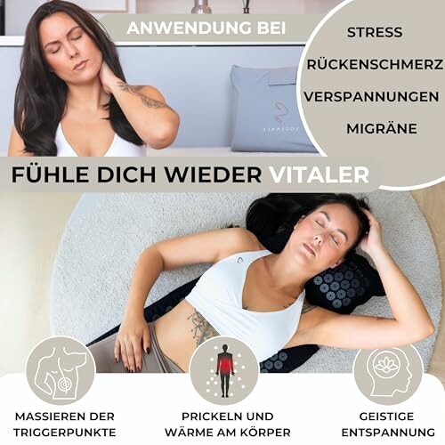 Frau entspannt auf Akupressur-Matte, Anwendungsgebiete Stress, Rückenschmerzen, Verspannungen, Migräne.