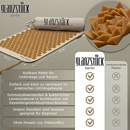 Akupressurmatte mit Tasche und Details in deutscher Sprache