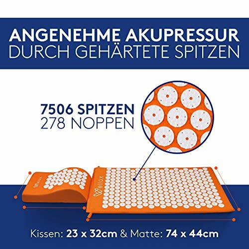 Akupressurmatte und Kissen mit gehärteten Spitzen, 7506 Spitzen und 278 Noppen.