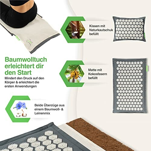 Akupressur-Set mit Kissen und Matte, gefüllt mit Naturkautschuk und Kokosfasern.