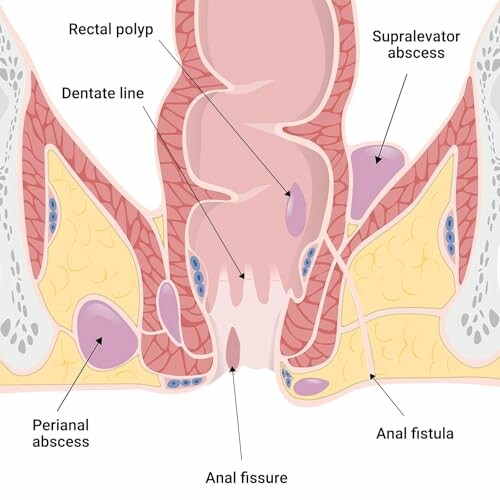 Diagramm der Analanatomie mit verschiedenen medizinischen Zuständen