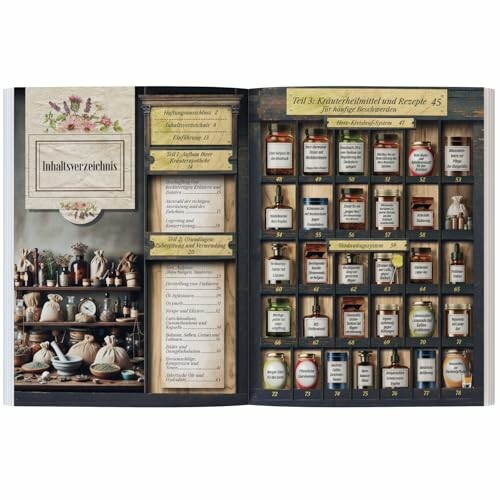 Geöffnete Buchseite mit Apothekergläsern und Inhaltsverzeichnis