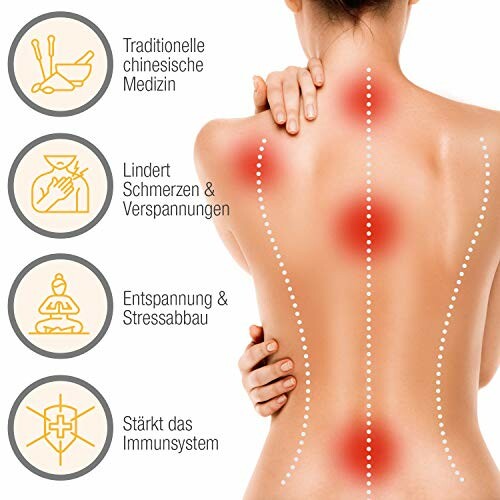 Rückansicht einer Frau mit Schmerzpunkten auf dem Rücken, dargestellt durch rote Markierungen.