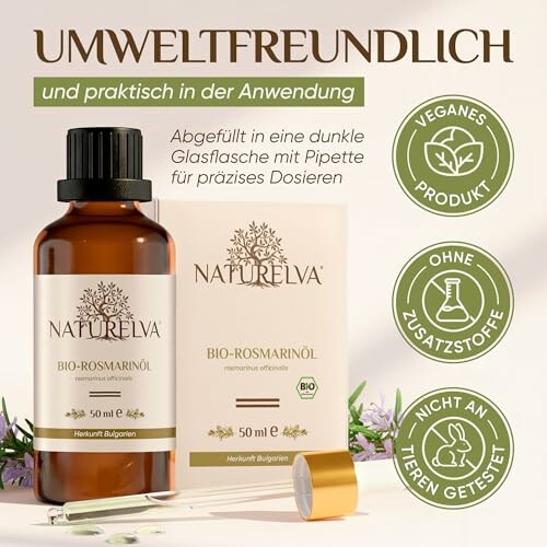 Bio-Rosmarinölflasche mit Pipette und Verpackung.