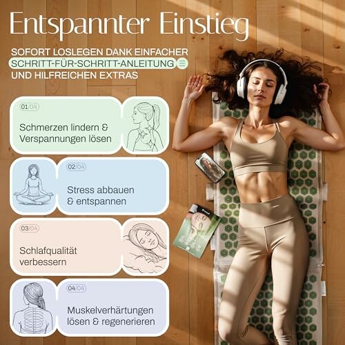 Frau entspannt auf Yogamatte mit Kopfhörern und Anleitungen.