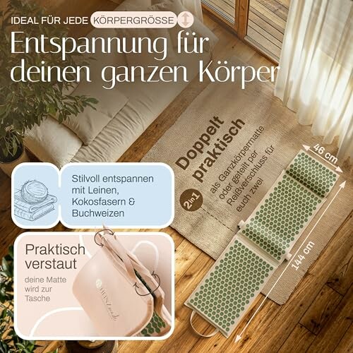 Faltbare Entspannungsmatte mit Leinen, Kokosfasern und Buchweizen.