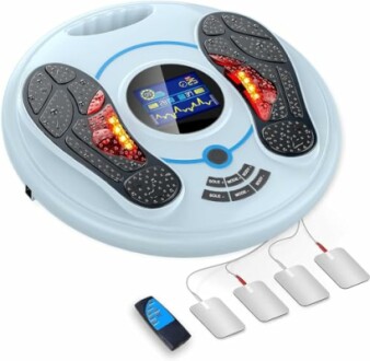 Elektrisches Fußmassagegerät mit Fernbedienung und Elektrodenpads.