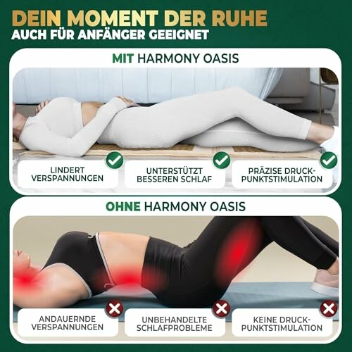 Vergleich von Entspannungsmatte mit und ohne Harmony Oasis.