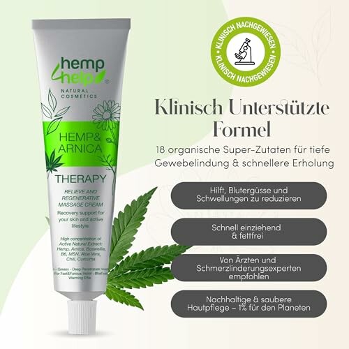 Hanf- und Arnika-Therapiecreme mit organischen Zutaten.