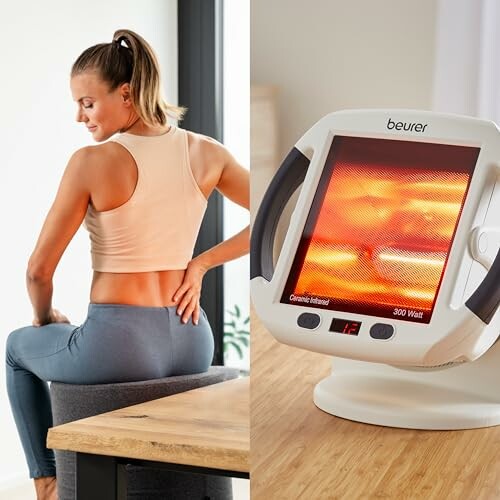 Frau mit Rückenschmerzen und Infrarotlampe
