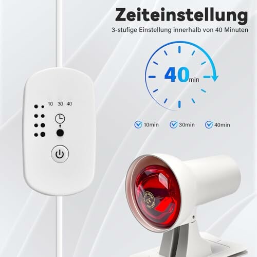Infrarotlampe mit Zeiteinstellung in 10, 30 und 40 Minuten.