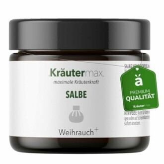 Kräutermax Weihrauch Salbe in braunem Glasbehälter.