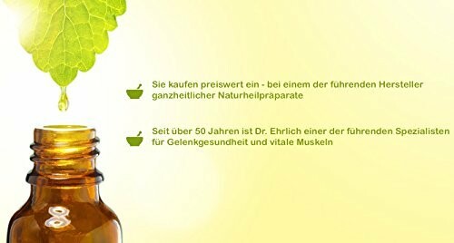 Braunglasflasche mit tropfendem Öl und Text über Naturheilpräparate.