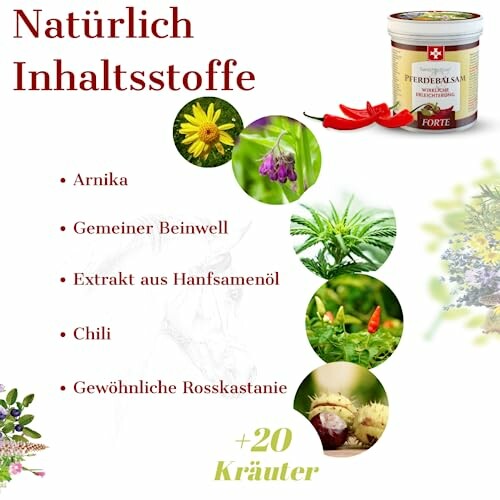 Natürliche Inhaltsstoffe für Pferdebalsam, einschließlich Arnika und Chili.