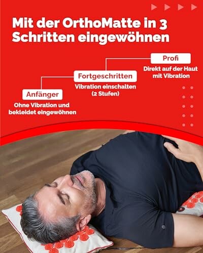 Mann liegt auf OrthoMatte, Anleitung in drei Schritten.