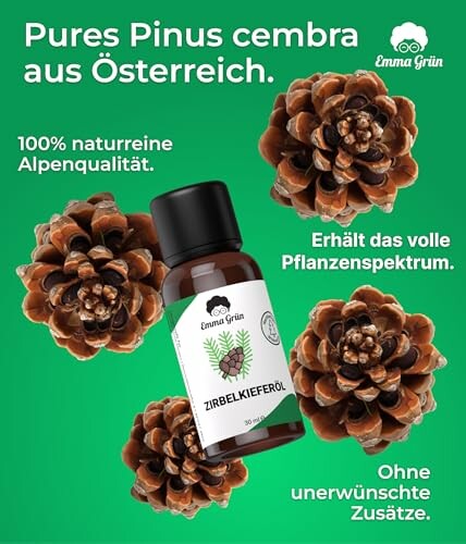 Zirbelkieferölflasche mit Pinienzapfen und Text