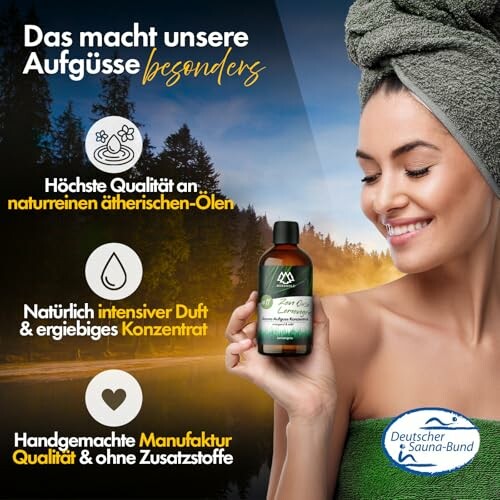 Frau mit Handtuch und Saunaöl, Text über Qualität und Duft.