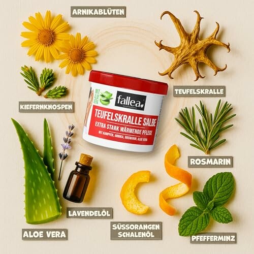 Teufelskralle Salbe umgeben von Arnikablüten und anderen natürlichen Zutaten