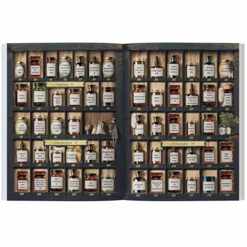 Seite eines Buches mit alten Apothekengläsern.