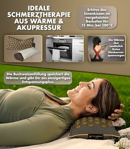 Kissen für Wärmetherapie und Akupressur mit Anwendungshinweisen.