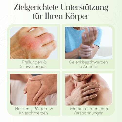 Vier Bilder mit Beschreibungen von Körperbeschwerden: Prellungen, Gelenkschmerzen, Nackenschmerzen, Muskelschmerzen.