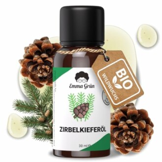 Flasche Zirbelkieferöl mit Kiefernzapfen und Zweigen