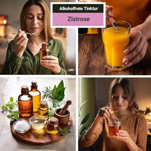 Collage mit Zistrose Tinktur, Frau beim Trinken von Saft und Tee, und Flaschen mit Kräutern.